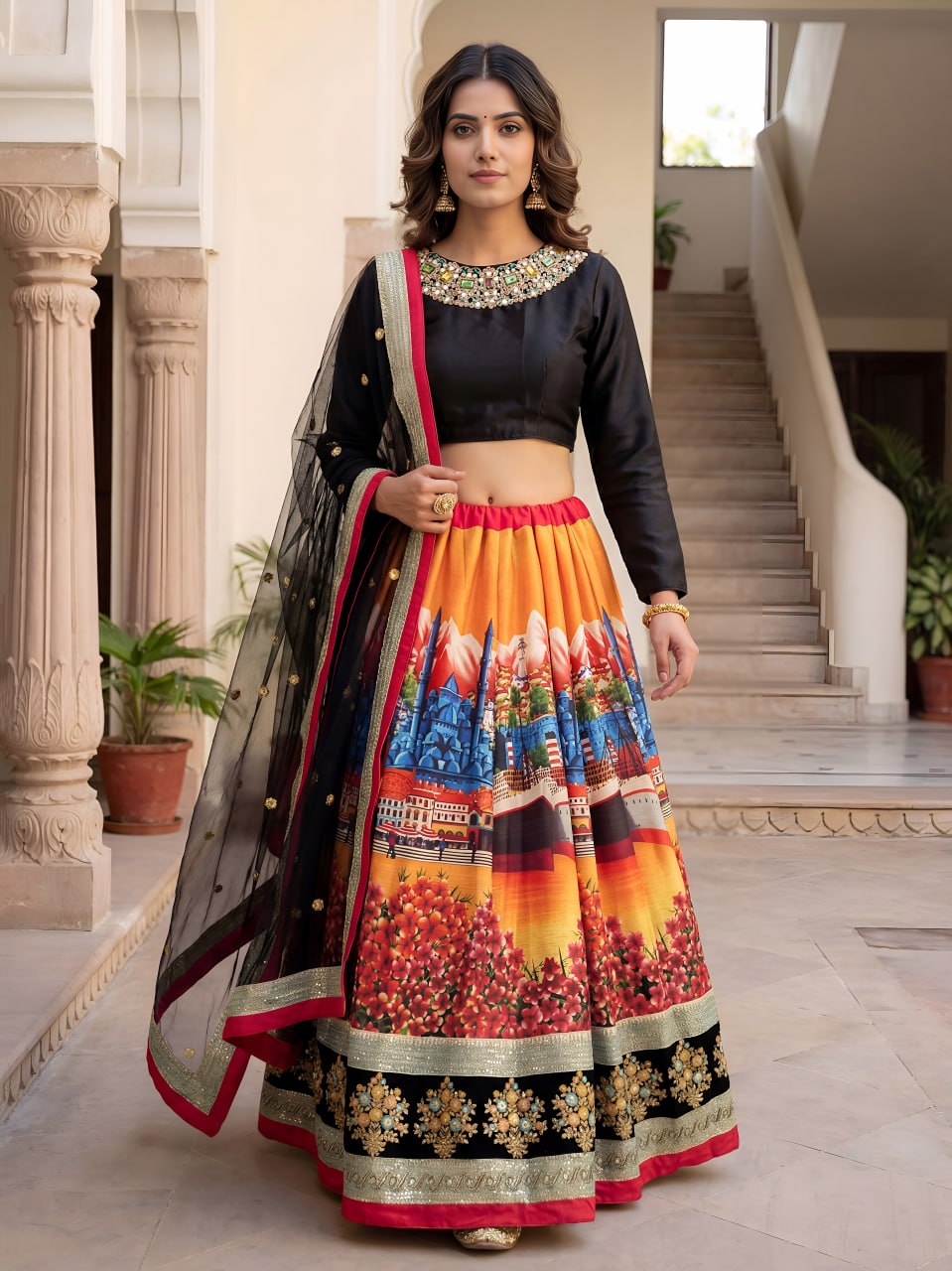 Zyraanshi Silk Lehenga Choli with Black Velvet Blouse & Pastel Embellished Neckline