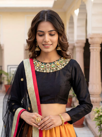 Zyraanshi Silk Lehenga Choli with Black Velvet Blouse & Pastel Embellished Neckline