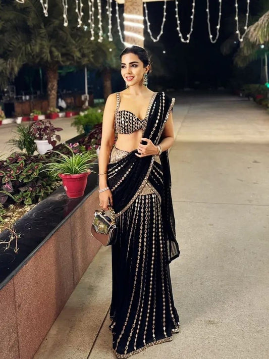Neraya Black Real Mirror Work Lehenga Saree