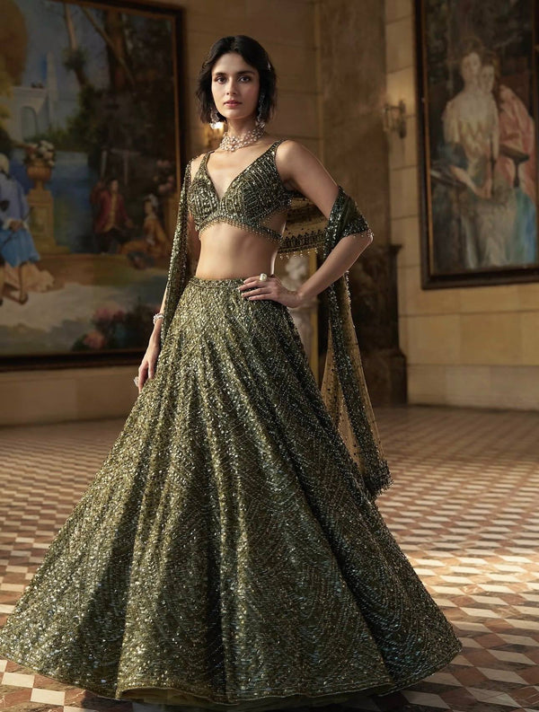 Mehvira Dark Green Chinon Embroidered Lehenga Choli