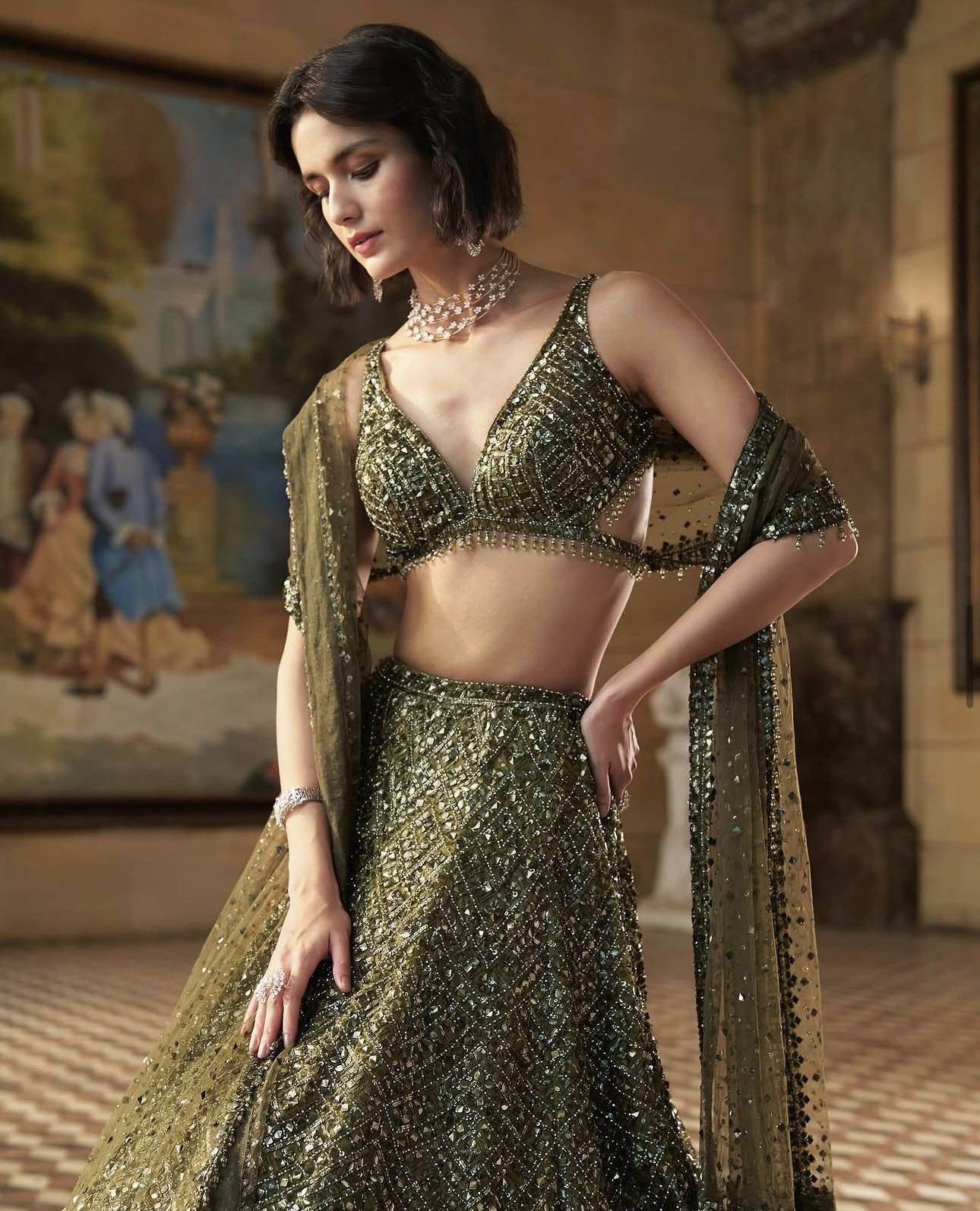 Mehvira Dark Green Chinon Embroidered Lehenga Choli