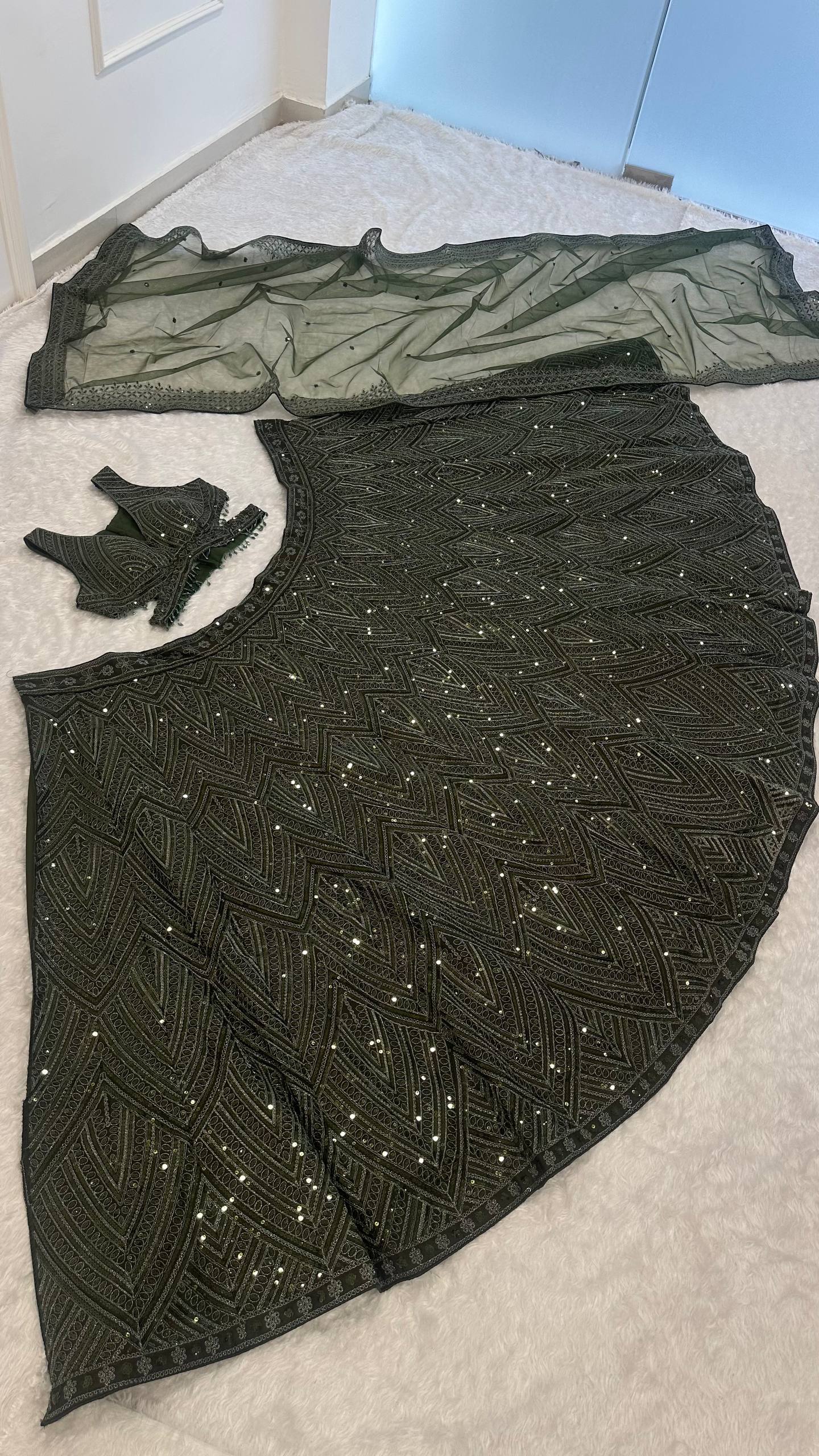 Mehvira Dark Green Chinon Embroidered Lehenga Choli