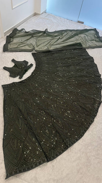 Mehvira Dark Green Chinon Embroidered Lehenga Choli