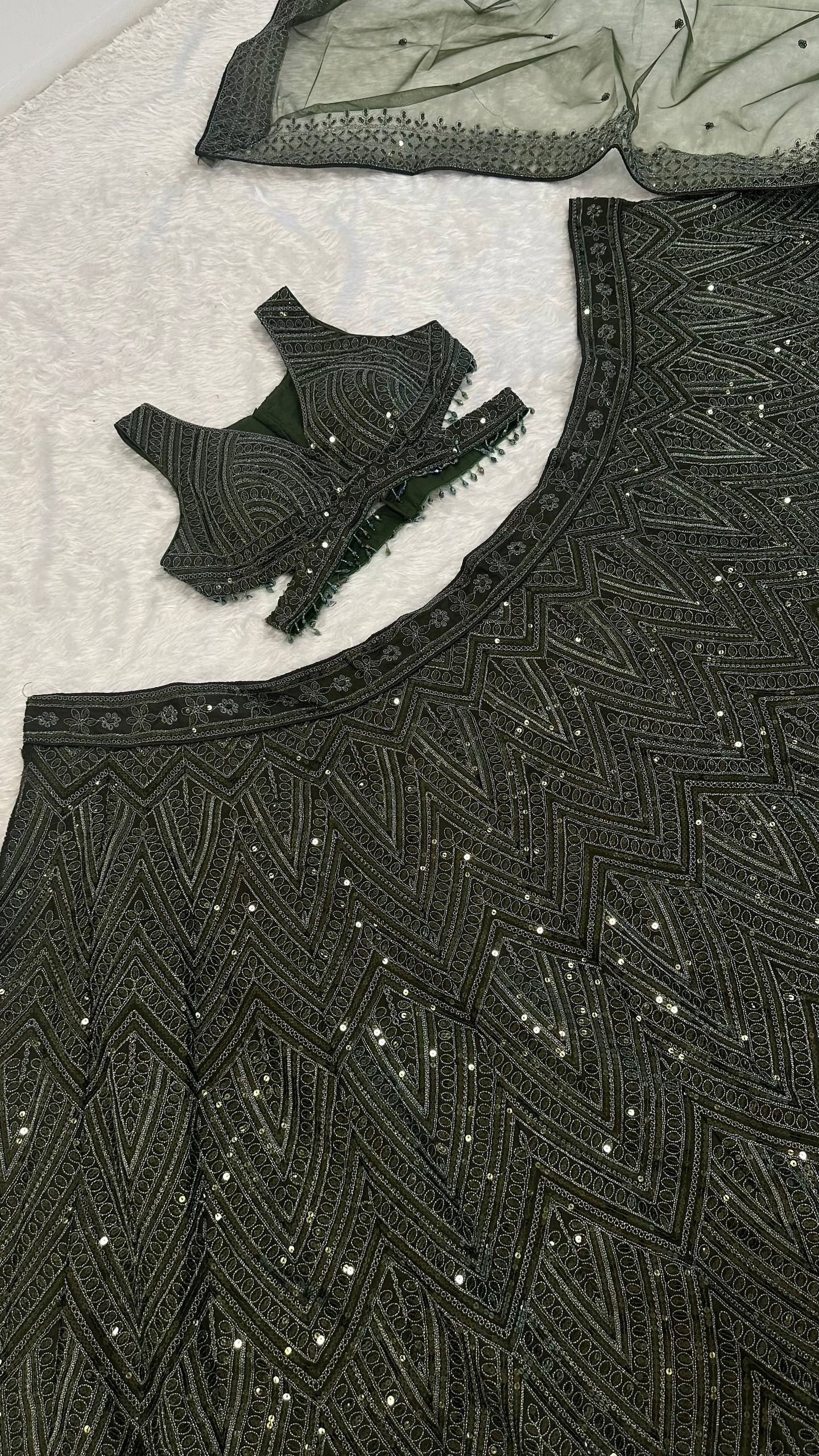 Mehvira Dark Green Chinon Embroidered Lehenga Choli