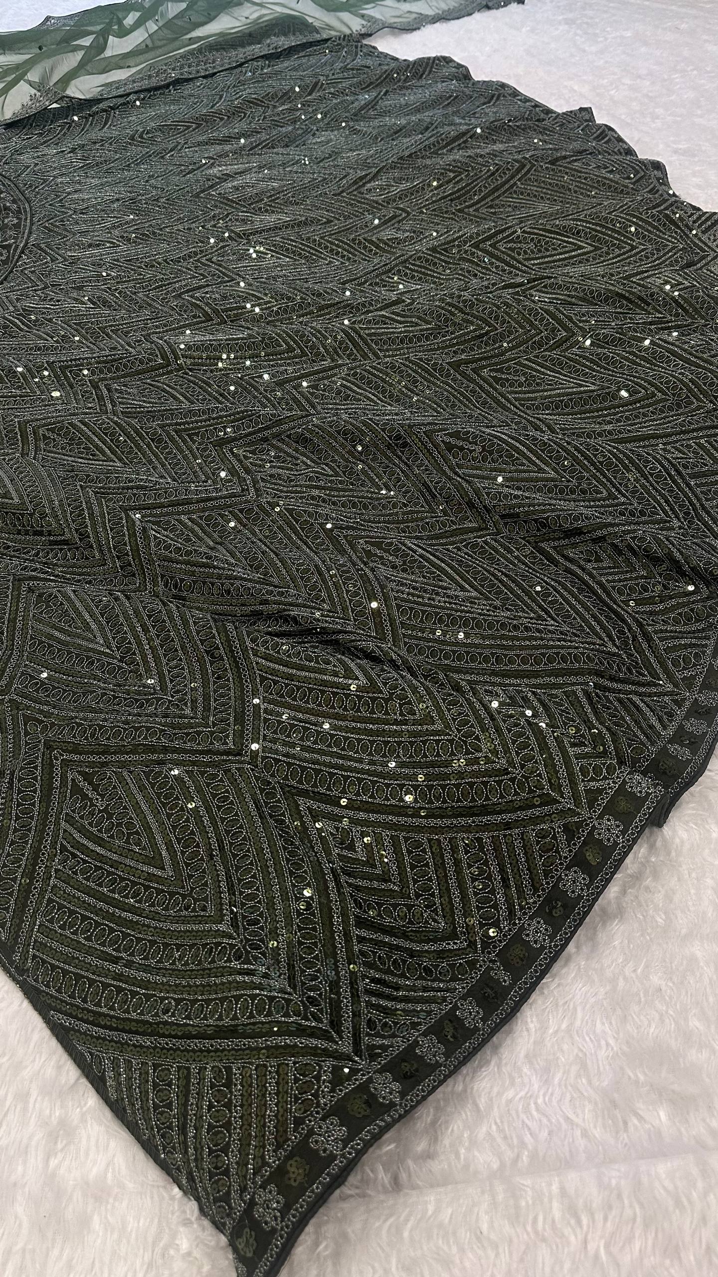 Mehvira Dark Green Chinon Embroidered Lehenga Choli