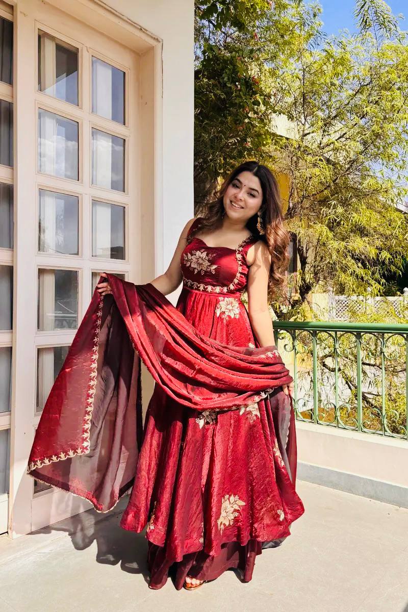 Anvitha Fendy Silk Embroidered Gown Sharara Set