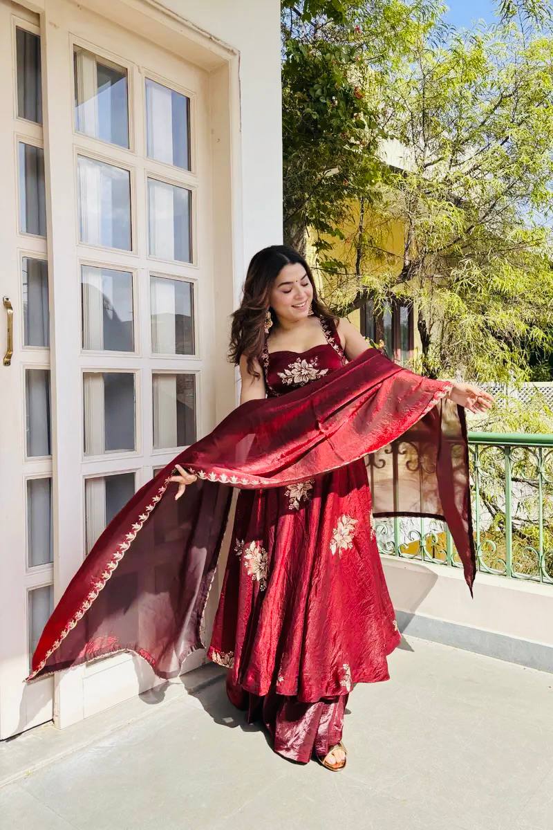 Anvitha Fendy Silk Embroidered Gown Sharara Set