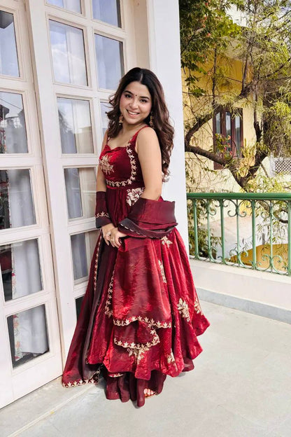 Anvitha Fendy Silk Embroidered Gown Sharara Set