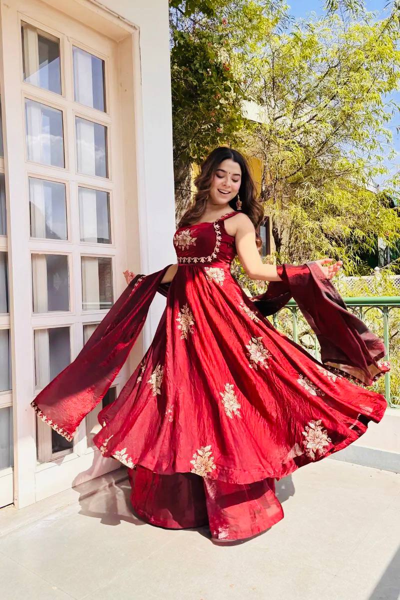 Anvitha Fendy Silk Embroidered Gown Sharara Set