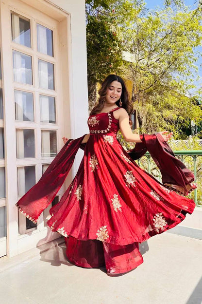 Anvitha Fendy Silk Embroidered Gown Sharara Set