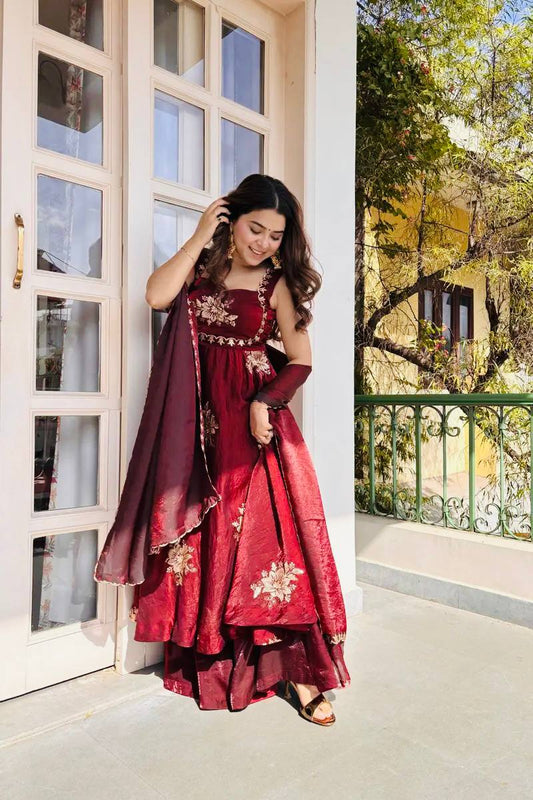 Anvitha Fendy Silk Embroidered Gown Sharara Set