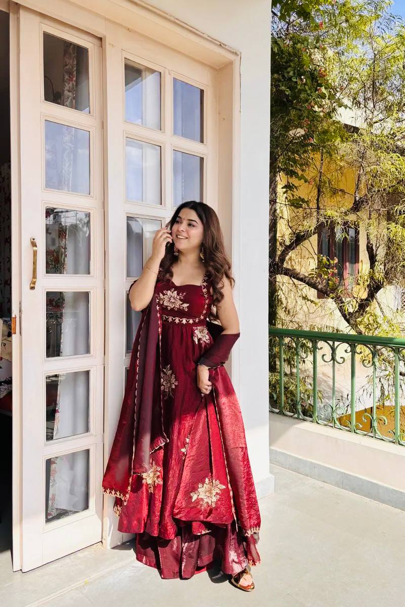 Anvitha Fendy Silk Embroidered Gown Sharara Set