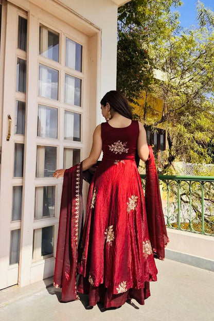 Anvitha Fendy Silk Embroidered Gown Sharara Set