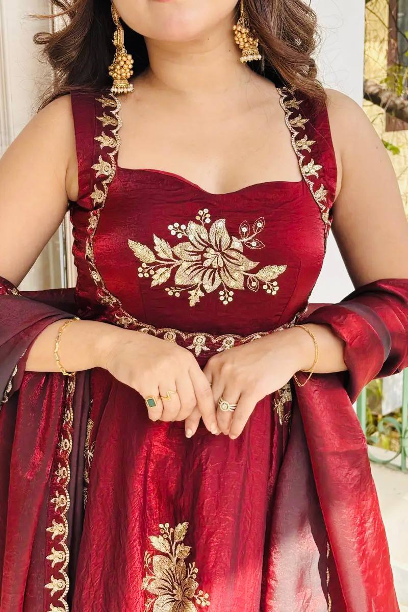 Anvitha Fendy Silk Embroidered Gown Sharara Set