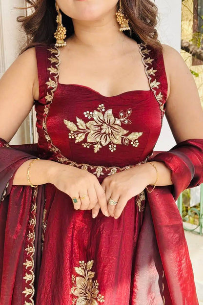 Anvitha Fendy Silk Embroidered Gown Sharara Set