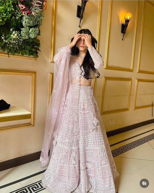 Eira Blush Pink Net Resham Sequins Bridal Lehenga Choli