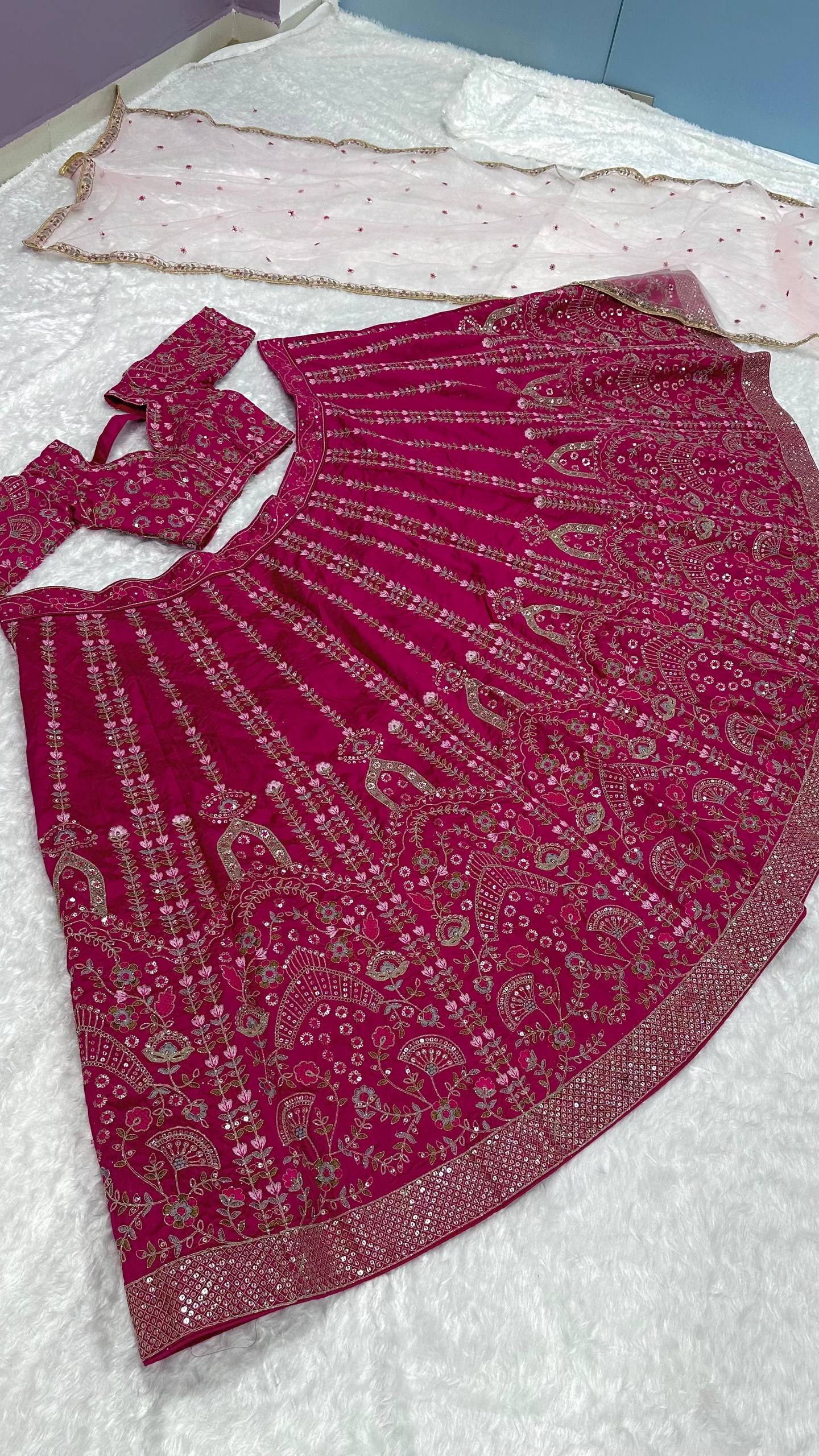 Mehrisha Dark Pink Slub Silk Dori Sequins Bridal Lehenga Choli