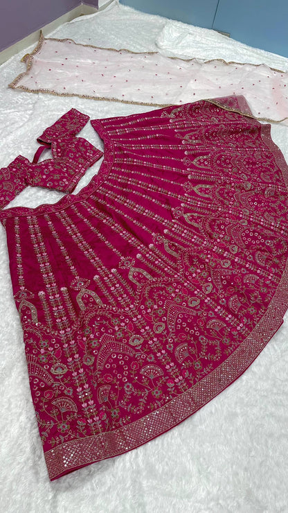 Mehrisha Dark Pink Slub Silk Dori Sequins Bridal Lehenga Choli