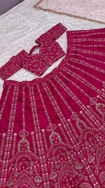 Mehrisha Dark Pink Slub Silk Dori Sequins Bridal Lehenga Choli