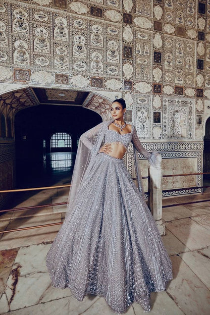 Zehara Glitter Grey Shimmer Silk Sequins Dori Lehenga Choli