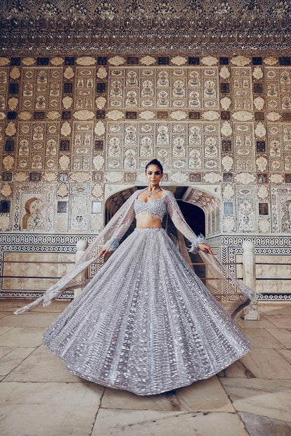 Zehara Glitter Grey Shimmer Silk Sequins Dori Lehenga Choli