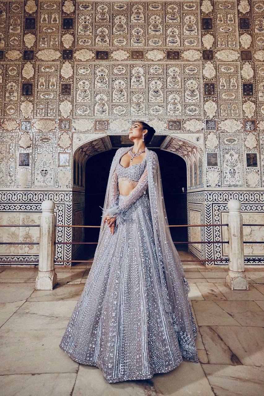 Zehara Glitter Grey Shimmer Silk Sequins Dori Lehenga Choli