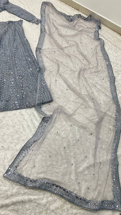Zehara Glitter Grey Shimmer Silk Sequins Dori Lehenga Choli
