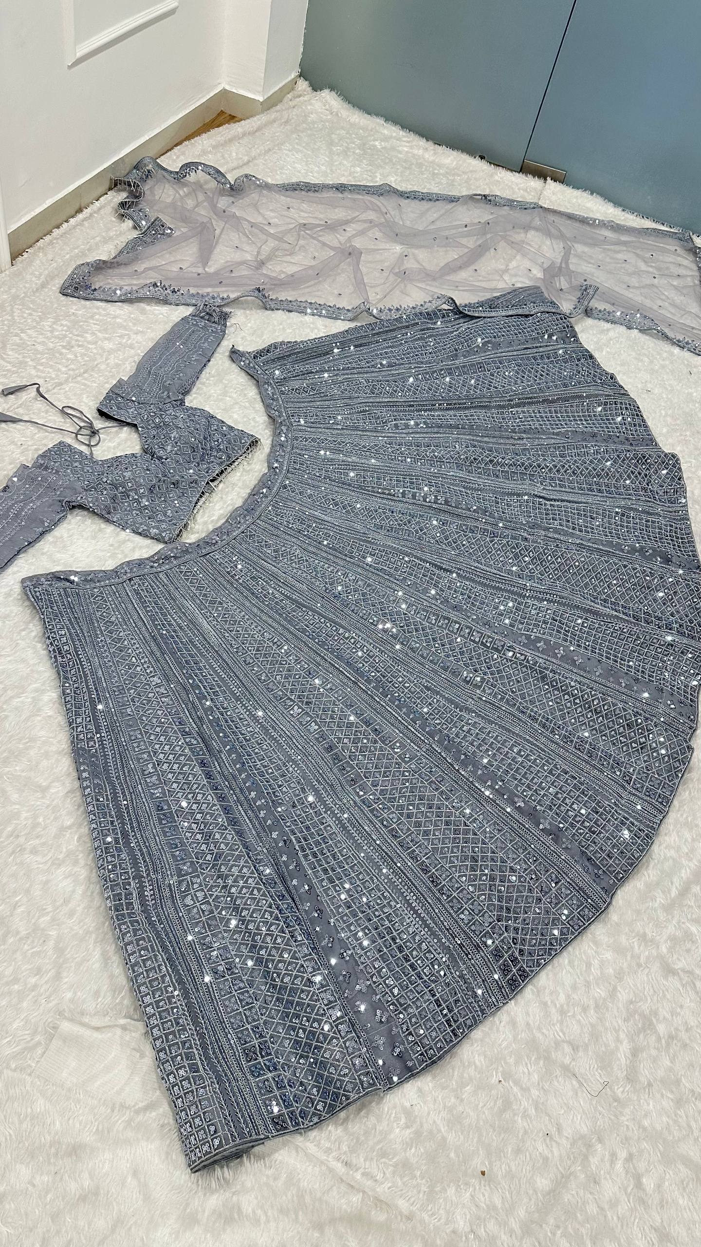 Zehara Glitter Grey Shimmer Silk Sequins Dori Lehenga Choli