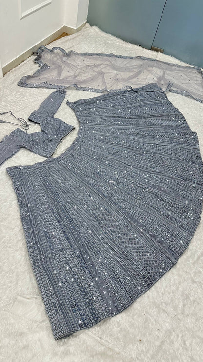 Zehara Glitter Grey Shimmer Silk Sequins Dori Lehenga Choli