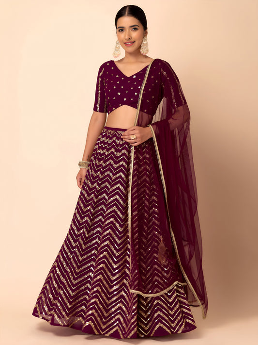 Prameshika Maroon Georgette Embroidered Lehenga Choli
