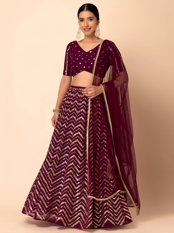 Prameshika Maroon Georgette Embroidered Lehenga Choli