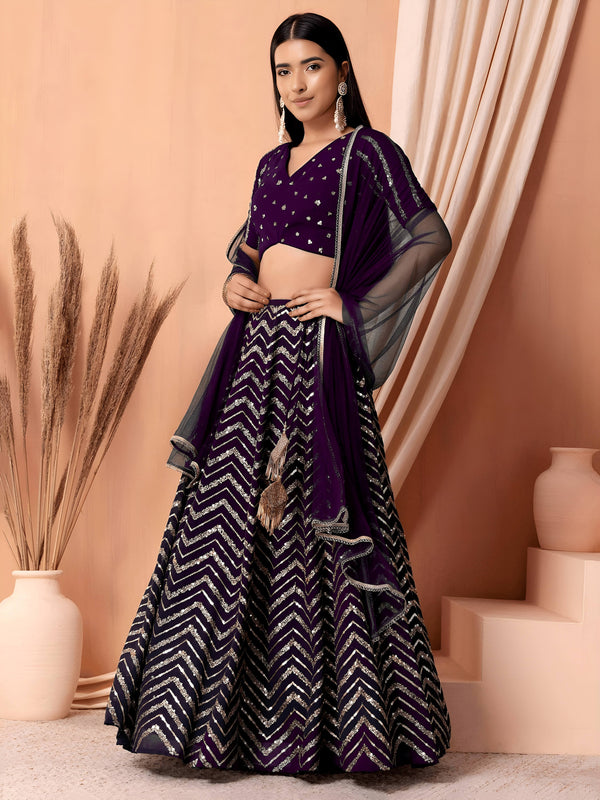 Nakshmira Purple Georgette Embroidered Lehenga Choli