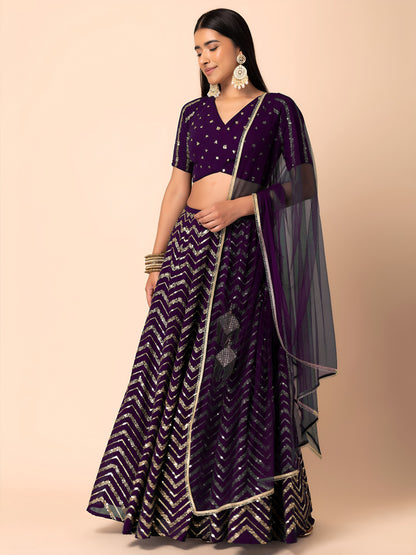 Nakshmira Purple Georgette Embroidered Lehenga Choli