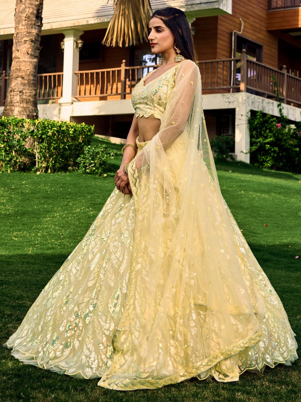 Yellow Soft Net Partywear Thread Embroidery Work Lehengha Choli