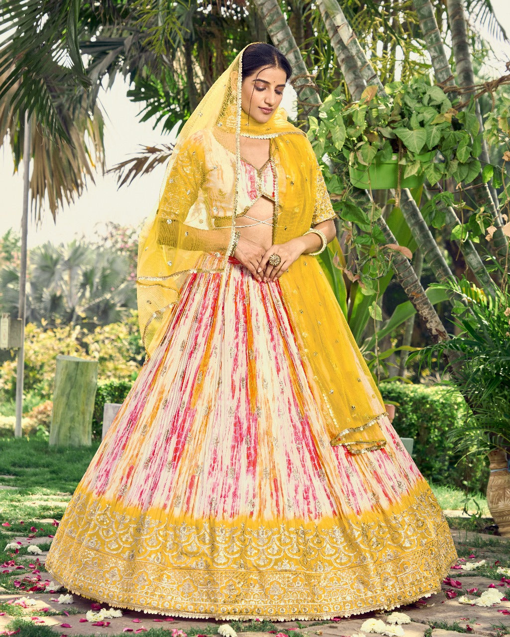 Yellow Chinon Fabric Zari Embroidery Work Lehengha Choli