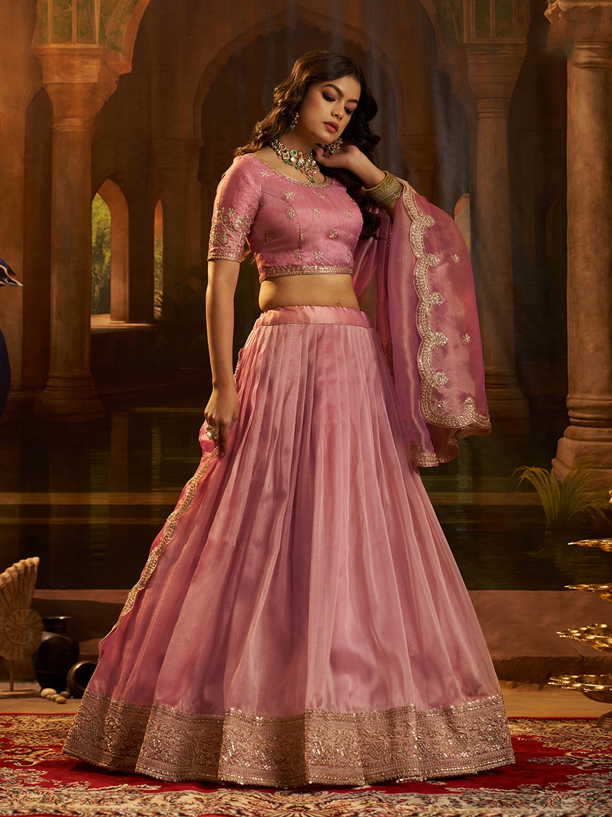 Nerisa Pink Art Silk Organza Lehenga Set