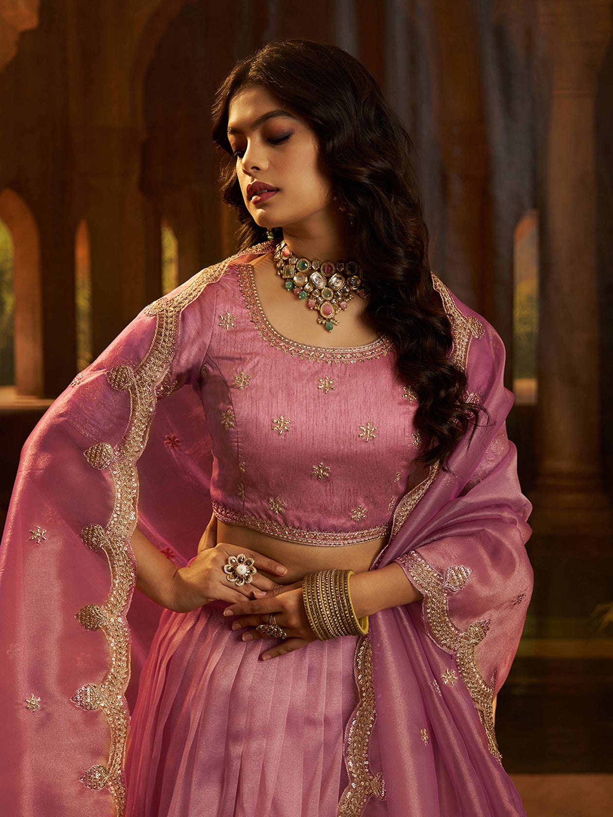 Nerisa Pink Art Silk Organza Lehenga Set