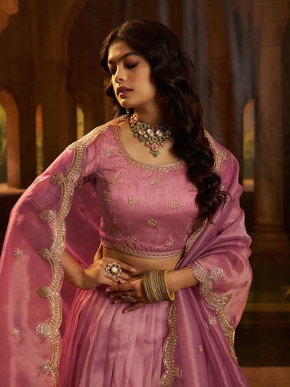 Nerisa Pink Art Silk Organza Lehenga Set