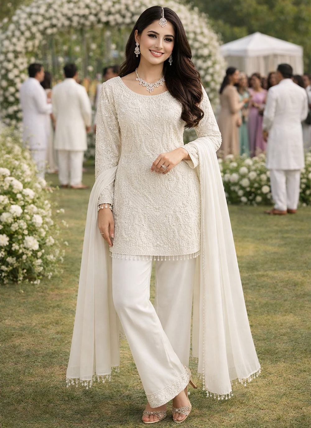 Vaidehi Off White Georgette Designer Embroidered Suit