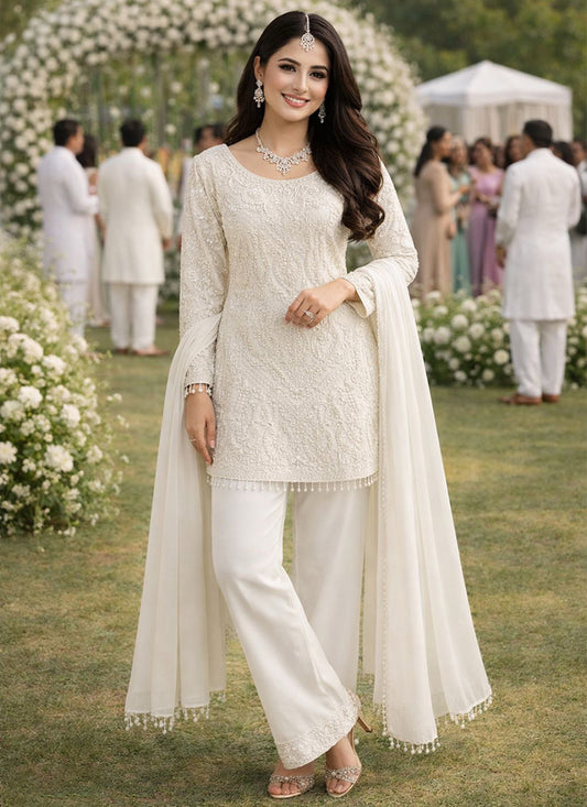 Vaidehi Off White Georgette Designer Embroidered Suit