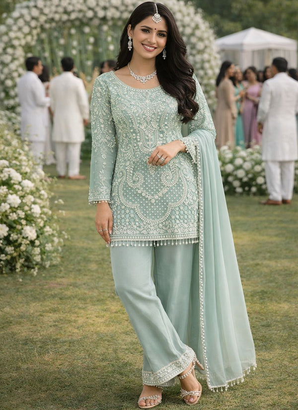 Hirvika Sea Green Georgette Designer Embroidered Suit