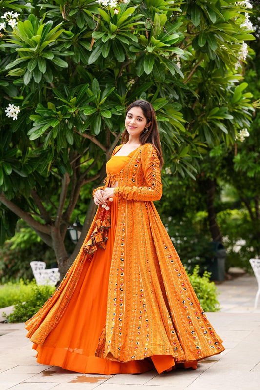 Yellow Faux Georgette Readymade Koti, Skirt With Shrug Set
