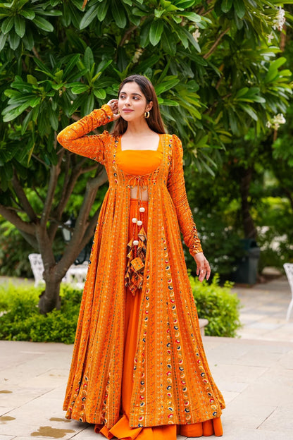 Yellow Faux Georgette Readymade Koti, Skirt With Shrug Set