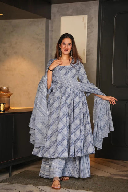 Grey Cotton Silk Digital Print Plazo Suit