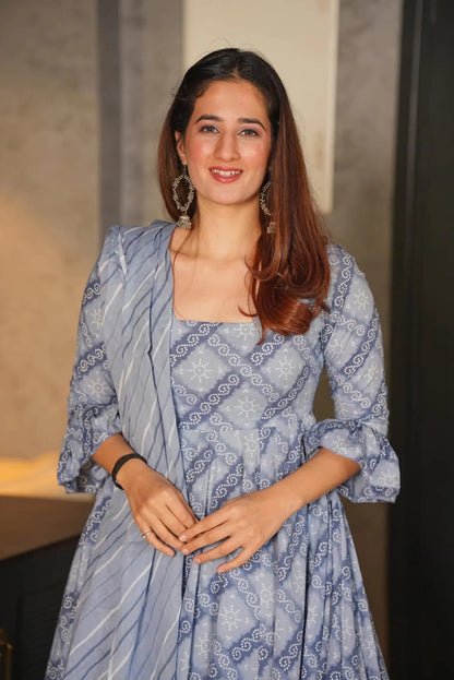 Grey Cotton Silk Digital Print Plazo Suit