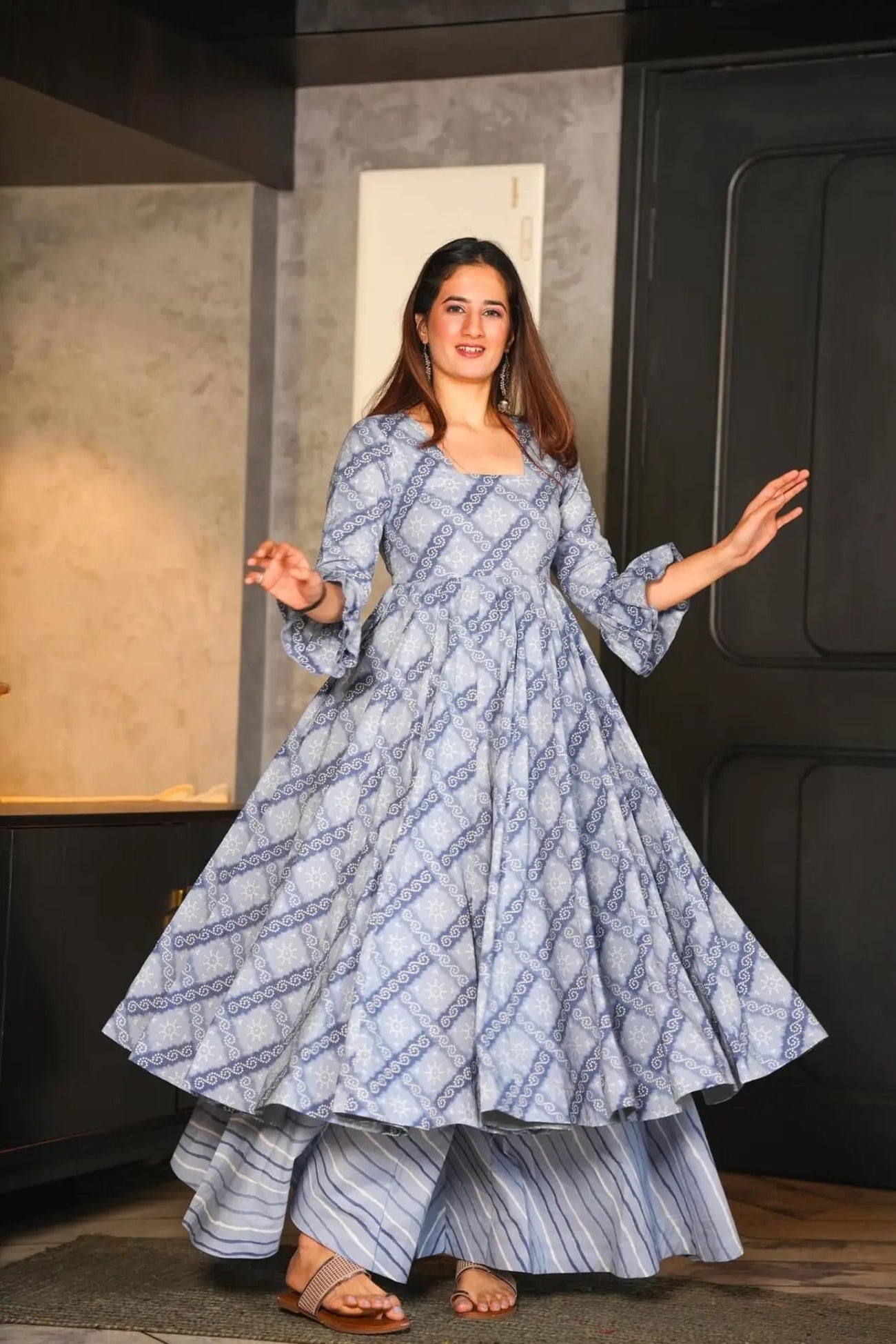 Grey Cotton Silk Digital Print Plazo Suit