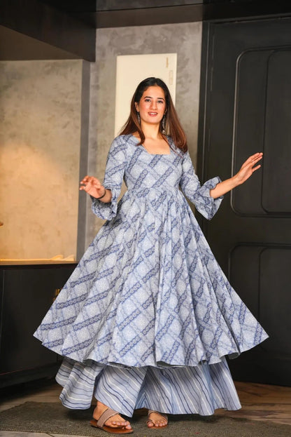 Grey Cotton Silk Digital Print Plazo Suit