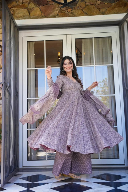 Mauve Cotton Silk Digital Printed Plazo Suit