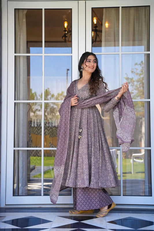 Mauve Cotton Silk Digital Printed Plazo Suit