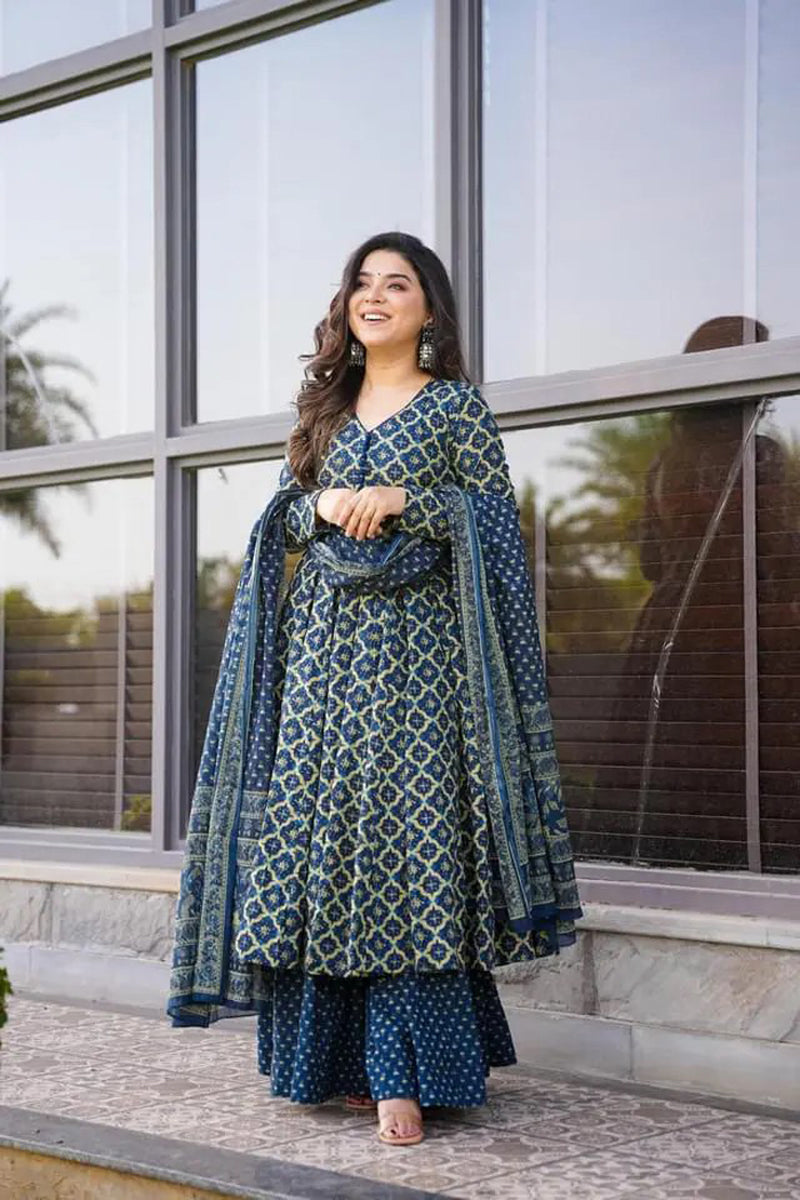Blue Cotton Fabric Digital Printed Plazo Suit
